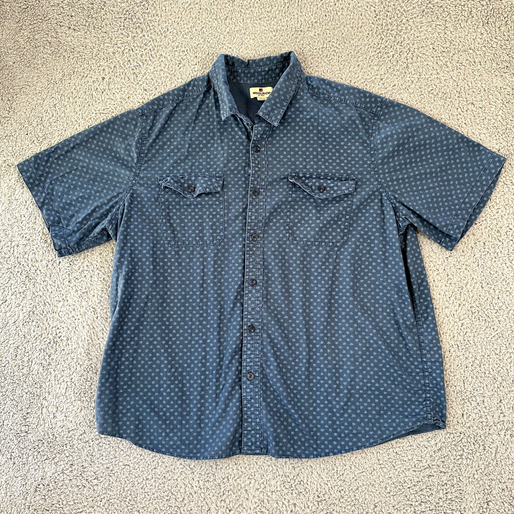 Woolrich Shirt Men's XXL Blue Patterned Button‎ Up Shirt Sleeve 100% Cotton